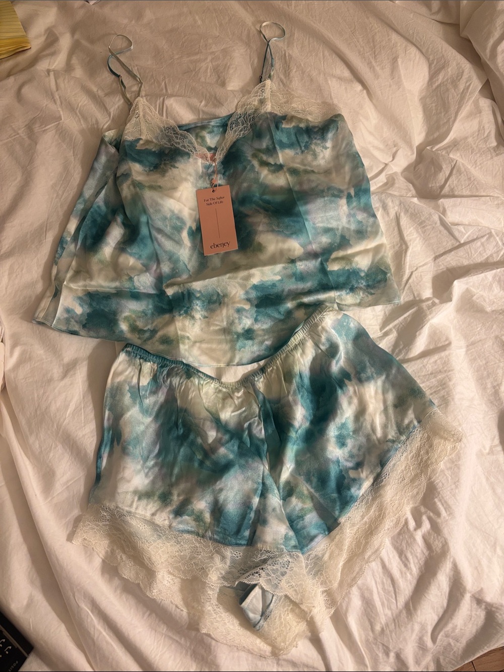 Eberjey Teal & White Satin Lace Cami and Shorts Set small new with tags